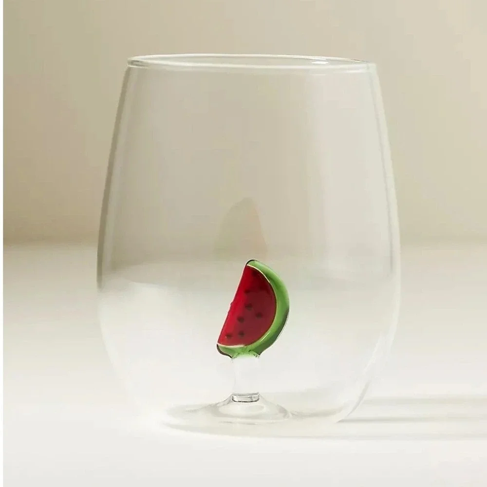 Anthropologie Cheerie Icon Stemless Wine Glass Watermelon 3D Fruit‎ Clear